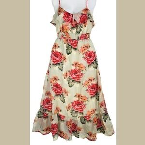 Aeropostale Womens Large Maxi Dress Floral Print Ruffle Spaghetti Straps Smocked
